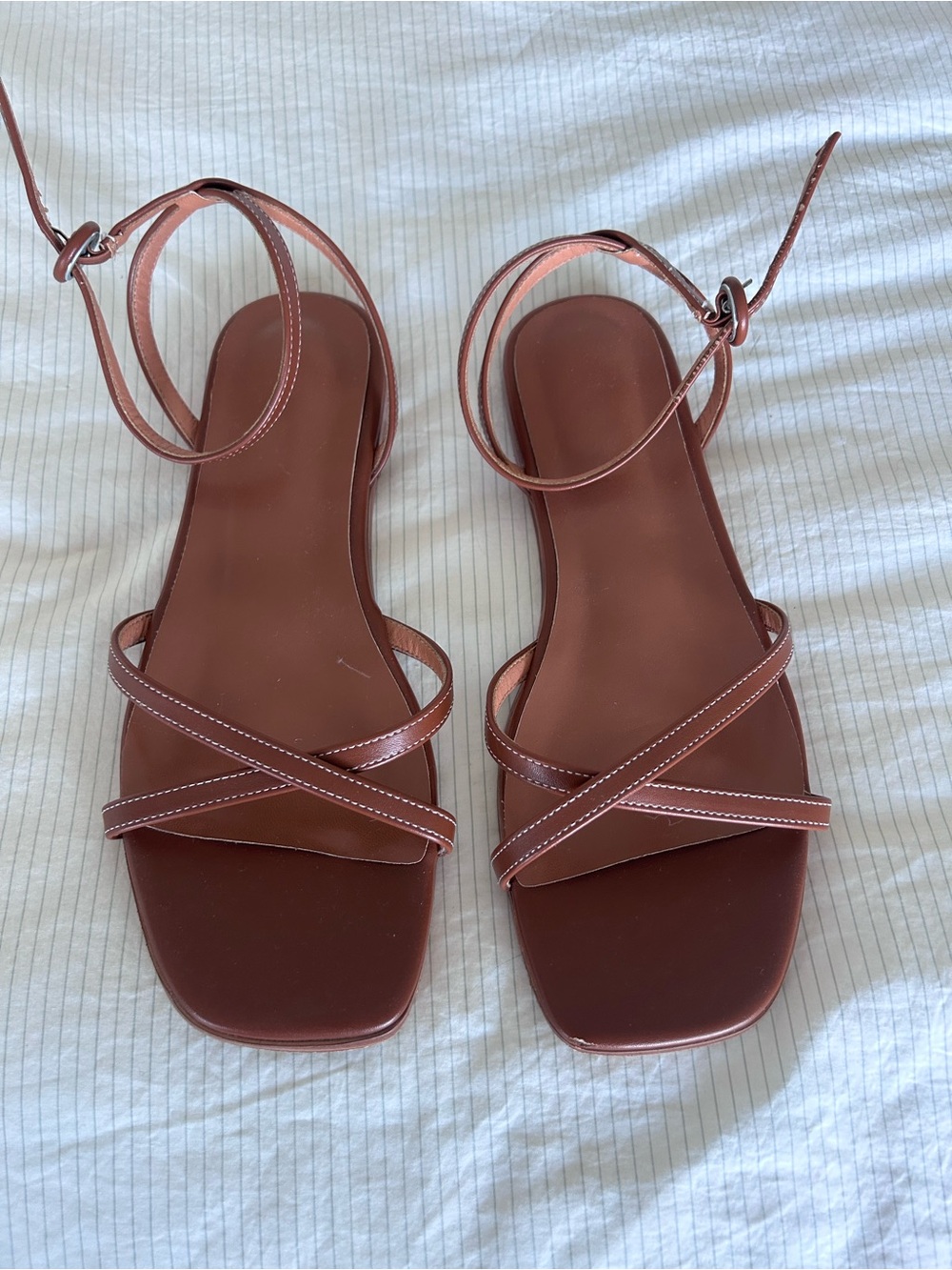 Cognac Brown Faux Leather Contrast Stitch Strappy Ankle Wrap Flat Sandals Size 8